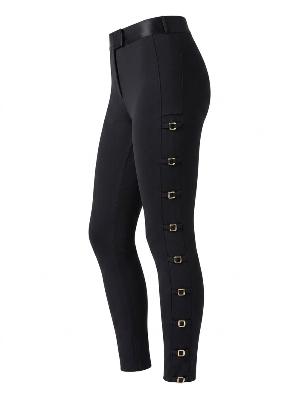bebe Black High-Rise Ponte Leggings with Side Buckle Trim